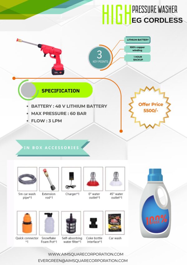 EG Car washer Portable Cordless Pressure Washer (48V Battery long Standby | 60 Bars | 4L/min | 5 meters Hose | Useful for car bike & washing | panel cleaning | floors, farm house cleaning and gardening works - Image 2