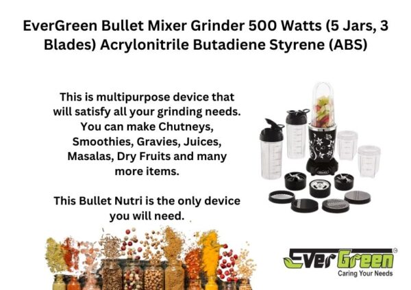 Evergreen Bullet Mixer Grinder 500 Watts (5 Jars, 3 Blades) - Image 2