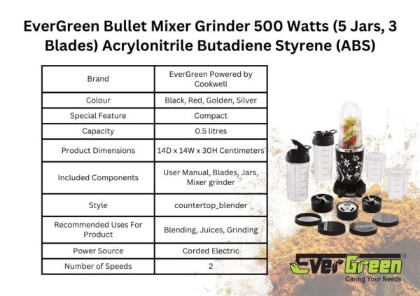 Evergreen Bullet Mixer Grinder 500 Watts (5 Jars, 3 Blades) - Image 10
