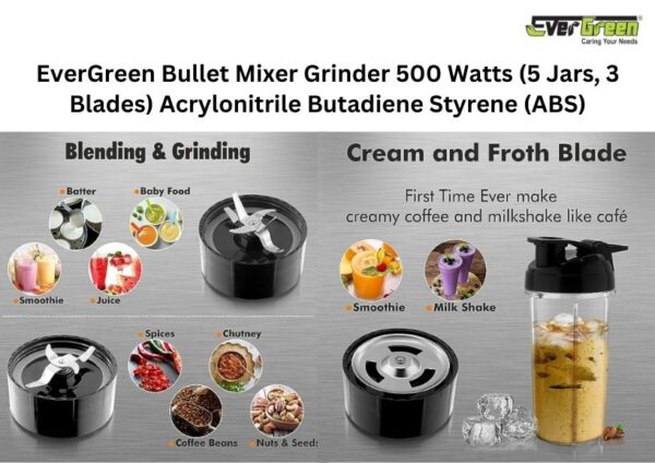Evergreen Bullet Mixer Grinder 500 Watts (5 Jars, 3 Blades) - Image 6