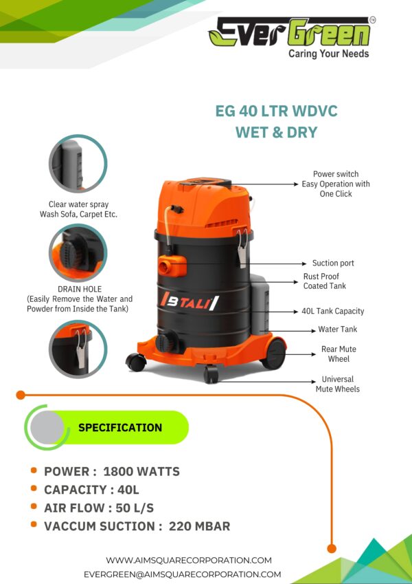 Evergreen (EG 40 WDVC) 1800Watt 40L Wet & Dry Vacuum Cleaner With All Required Accessories - Image 2