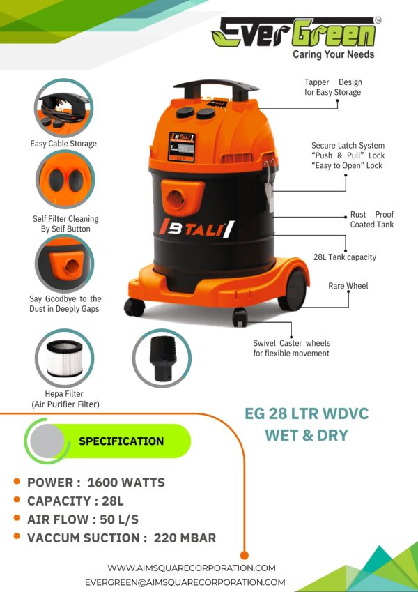 Btali (BT 28 WDVC) 1600Watt 28L Wet & Dry Vacuum Cleaner With All Required Accessories - Image 2