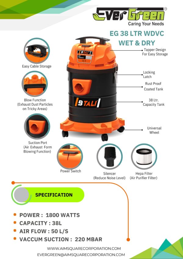 Evergreen (EG 38 WDVC) 1800Watt 38L Wet & Dry Vacuum Cleaner With All Required Accessories - Image 2