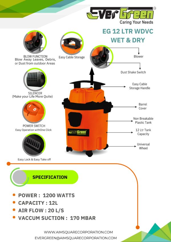 Evergreen (EG 12 WDVC) 1200Watt 12L Wet & Dry Vacuum Cleaner With All Required Accessories - Image 2